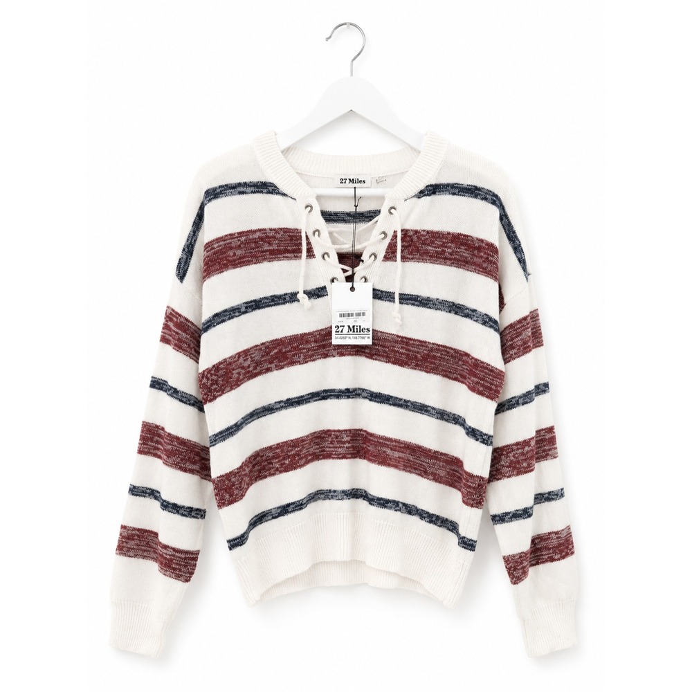 NWT 27 Miles Malibu Lace Up Knit Sweater Striped Boho Beach Nautical Pullover M